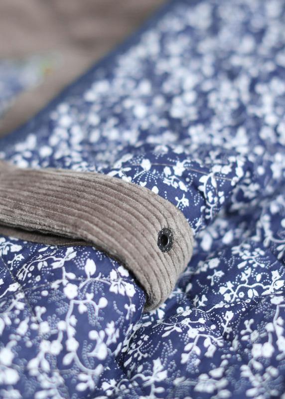 women plus size Jackets overcoat gray patchwork blue stand collar parkas - SooLinen