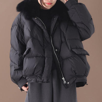 women plus size clothing down jacket winter outwear black fur collar drawstring down jacket woman - SooLinen