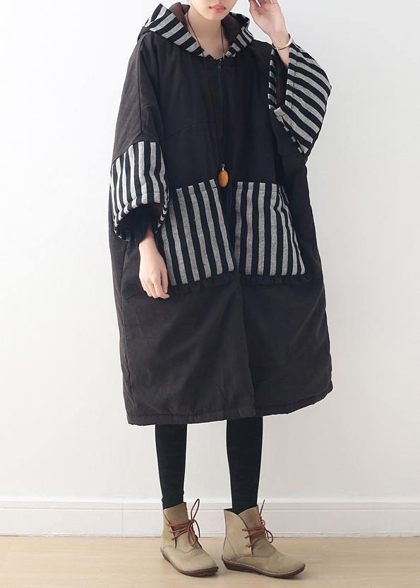 women plus size clothing warm winter coat hooded outwear black patchwork coats - SooLinen