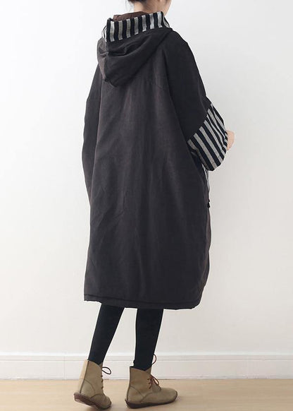 women plus size clothing warm winter coat hooded outwear black patchwork coats - SooLinen