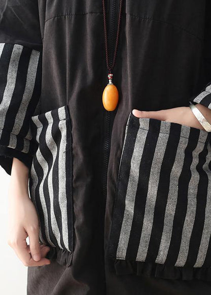 women plus size clothing warm winter coat hooded outwear black patchwork coats - SooLinen