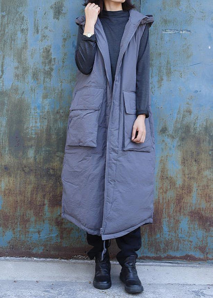 women plus size clothing winter jacket stand collar coats dark gray hooded sleeveless coats - SooLinen