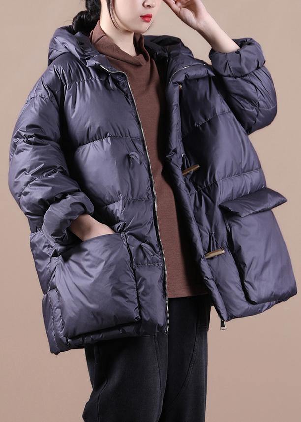 women plus size down jacket black hooded pockets goose Down coat - SooLinen