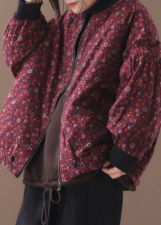 women plus size down jacket zippered outwear red floral patchwork o neck short coats - SooLinen