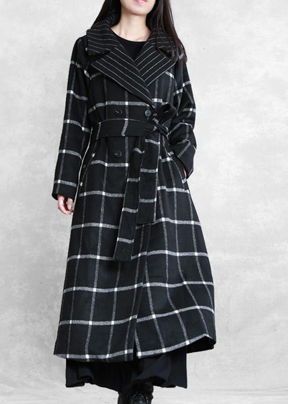 women plus size long coats woolen outwear black plaid Notched tie waist woolen overcoat - SooLinen
