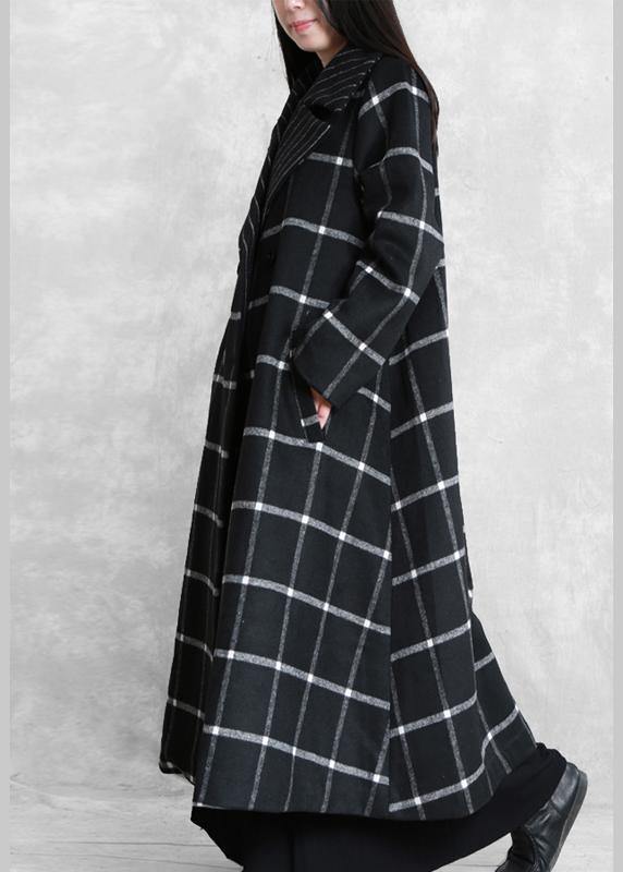 women plus size long coats woolen outwear black plaid Notched tie waist woolen overcoat - SooLinen