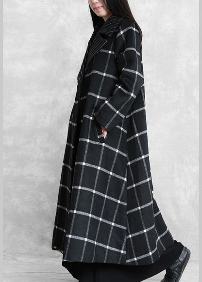 women plus size long coats woolen outwear black plaid Notched tie waist woolen overcoat - SooLinen
