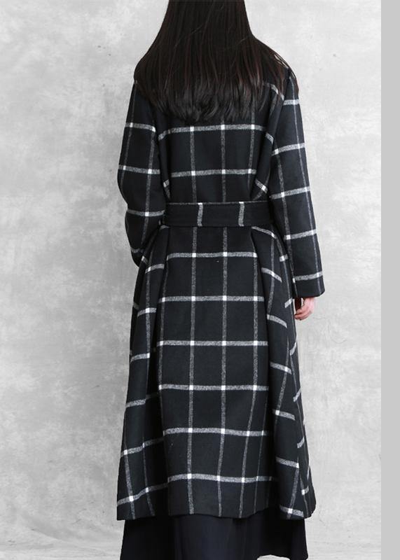 women plus size long coats woolen outwear black plaid Notched tie waist woolen overcoat - SooLinen