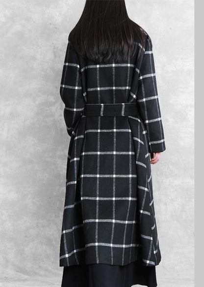 women plus size long coats woolen outwear black plaid Notched tie waist woolen overcoat - SooLinen
