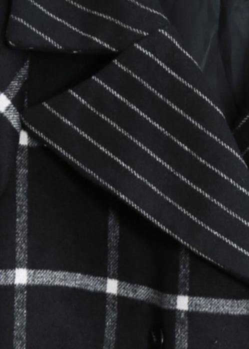 women plus size long coats woolen outwear black plaid Notched tie waist woolen overcoat - SooLinen