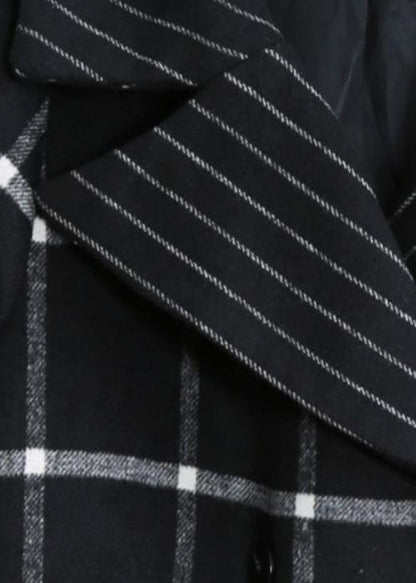 women plus size long coats woolen outwear black plaid Notched tie waist woolen overcoat - SooLinen