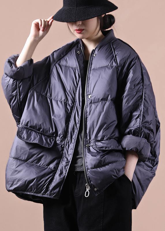 women plus size parka coats purple gray pockets zippered warm winter coat - SooLinen