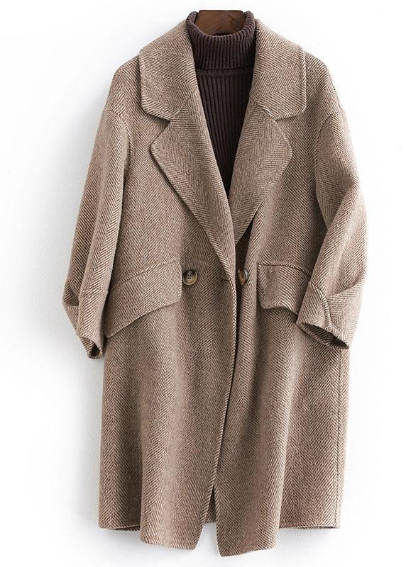 women plus size pockets outwear khaki Notched Woolen Coat - SooLinen