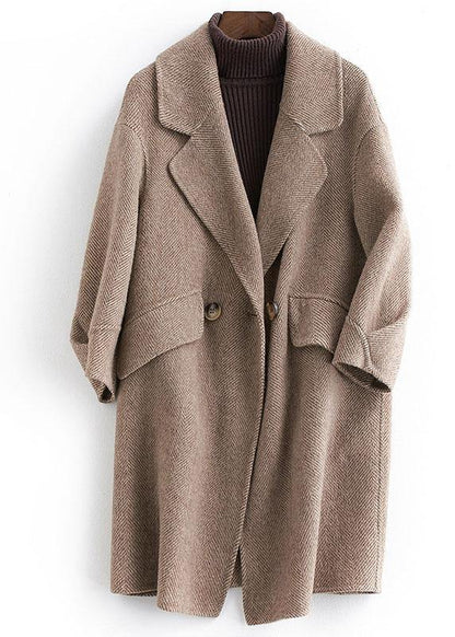 women plus size pockets outwear khaki Notched Woolen Coat - SooLinen