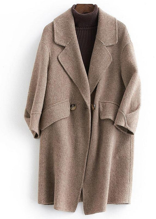 women plus size pockets outwear khaki Notched Woolen Coat - SooLinen