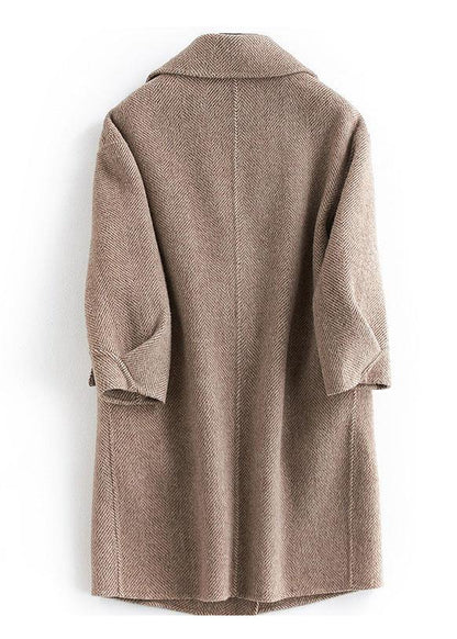 women plus size pockets outwear khaki Notched Woolen Coat - SooLinen