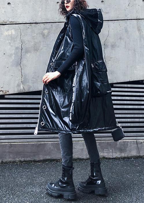 women plus size sleeveless warm winter coat black hooded zippered women parka - SooLinen
