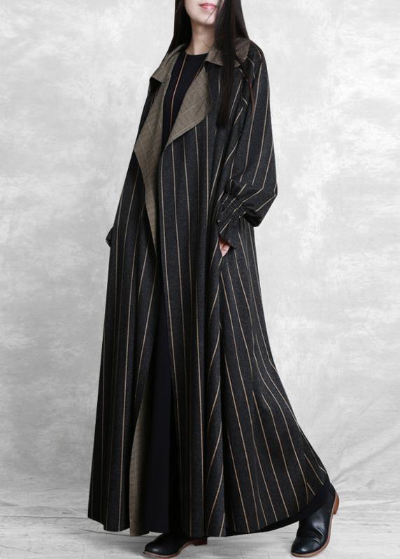 women plus size trench coat dark gray striped Notched pockets wool coat for woman - SooLinen