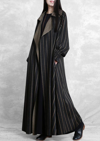 women plus size trench coat dark gray striped Notched pockets wool coat for woman - SooLinen