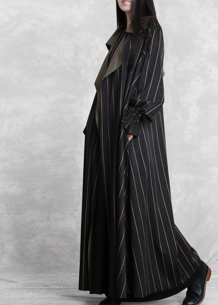 women plus size trench coat dark gray striped Notched pockets wool coat for woman - SooLinen