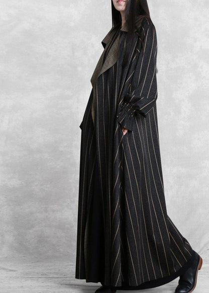 women plus size trench coat dark gray striped Notched pockets wool coat for woman - SooLinen