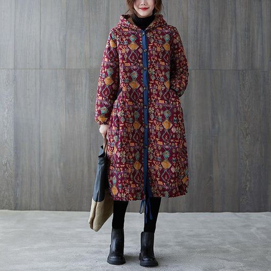women plus size warm winter coat winter coats burgundy print hooded pockets coat - SooLinen