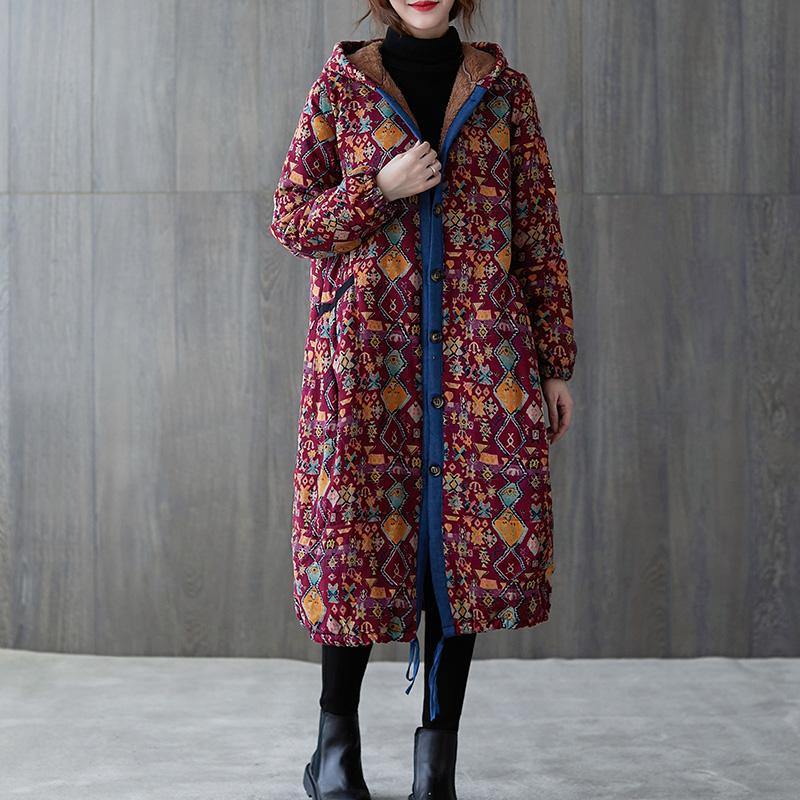 women plus size warm winter coat winter coats burgundy print hooded pockets coat - SooLinen