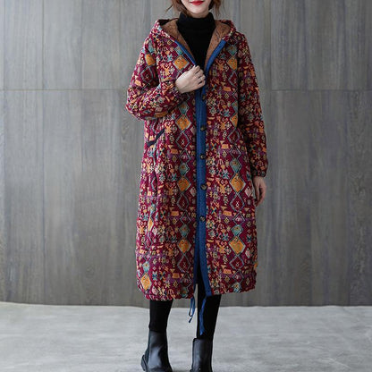 women plus size warm winter coat winter coats burgundy print hooded pockets coat - SooLinen
