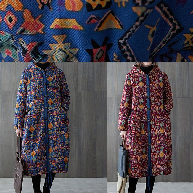 women plus size warm winter coat winter coats burgundy print hooded pockets coat - SooLinen