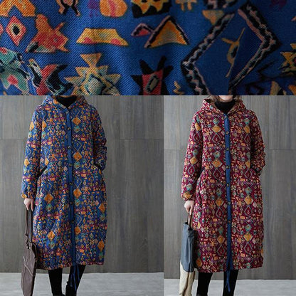 women plus size warm winter coat winter coats burgundy print hooded pockets coat - SooLinen