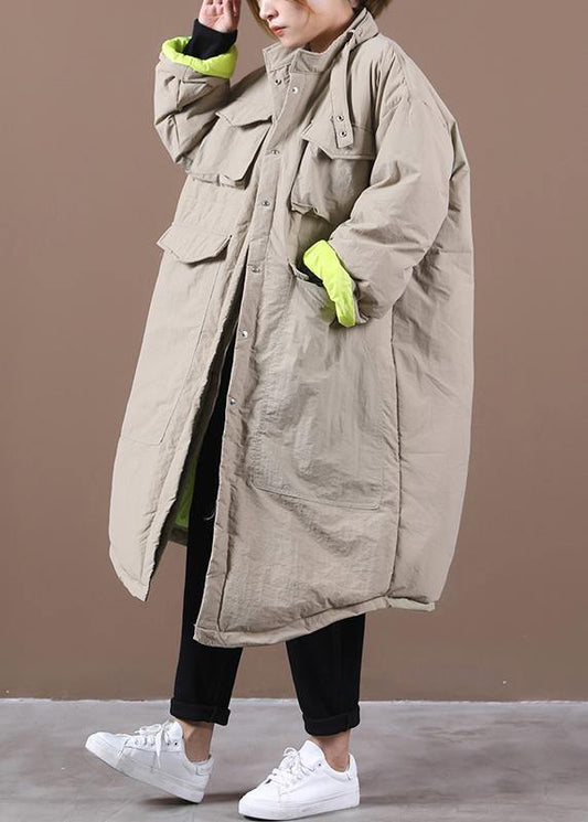 women plus size winter jacket pockets khaki stand collar asymmetric warm winter coat - SooLinen