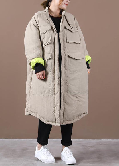 women plus size winter jacket pockets khaki stand collar asymmetric warm winter coat - SooLinen