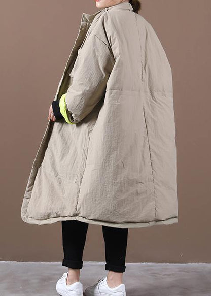 women plus size winter jacket pockets khaki stand collar asymmetric warm winter coat - SooLinen
