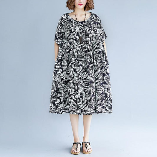 Frauen drucken Baumwolle Leinen Kleider plus Größe Kleidung Kurzarm Baggy Kleider neue O Hals Reisekleid