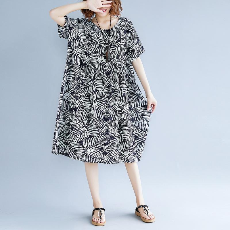 Frauen drucken Baumwolle Leinen Kleider plus Größe Kleidung Kurzarm Baggy Kleider neue O Hals Reisekleid