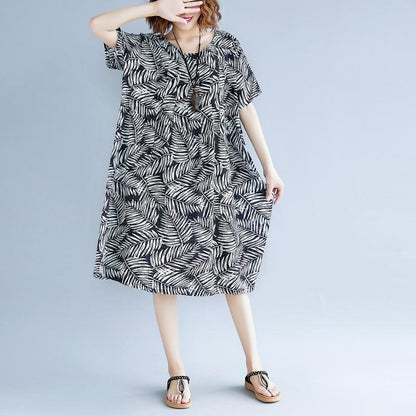 Frauen drucken Baumwolle Leinen Kleider plus Größe Kleidung Kurzarm Baggy Kleider neue O Hals Reisekleid