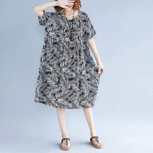 Frauen drucken Baumwolle Leinen Kleider plus Größe Kleidung Kurzarm Baggy Kleider neue O Hals Reisekleid