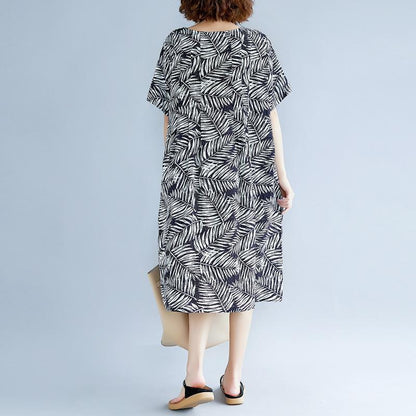 Frauen drucken Baumwolle Leinen Kleider plus Größe Kleidung Kurzarm Baggy Kleider neue O Hals Reisekleid