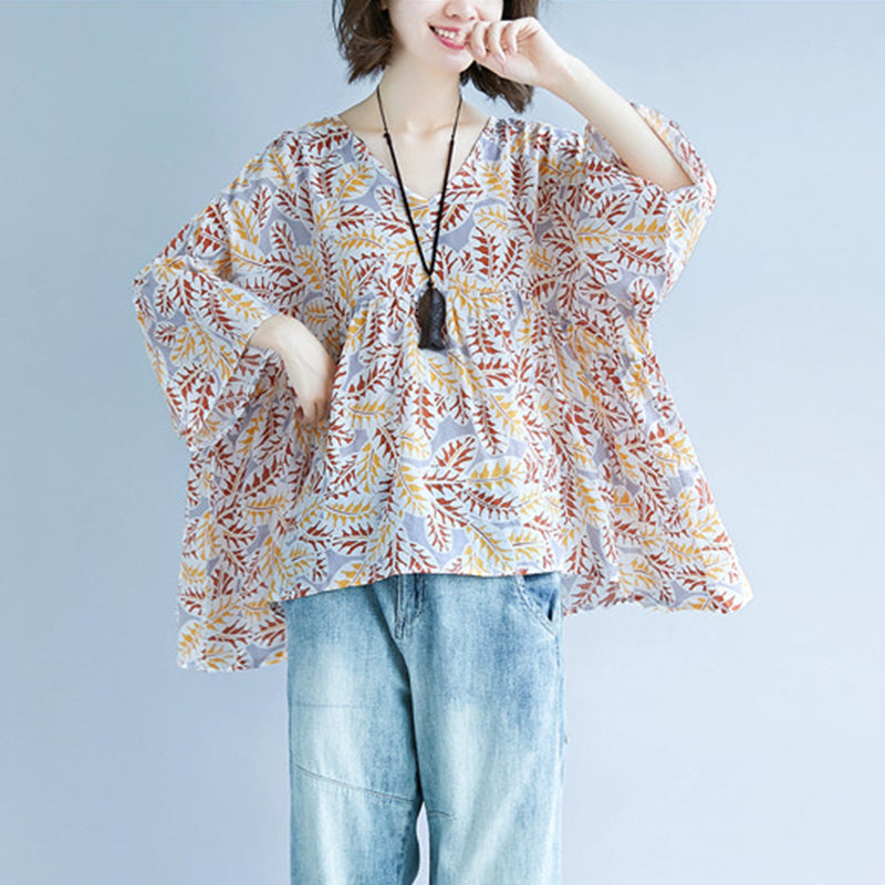 Damen bedruckter Baumwoll-Leinen-Pullover, trendige Plus-Size-Reisebluse, Vintage-O-Ausschnitt, extra großer Saum, Baumwollkleidung