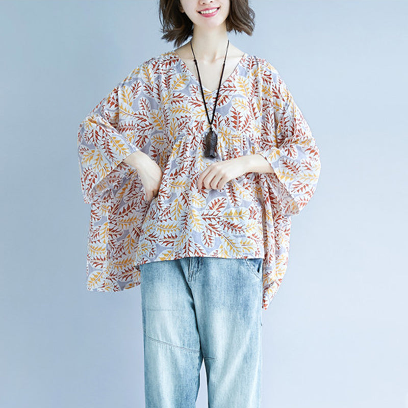 Damen bedruckter Baumwoll-Leinen-Pullover, trendige Plus-Size-Reisebluse, Vintage-O-Ausschnitt, extra großer Saum, Baumwollkleidung