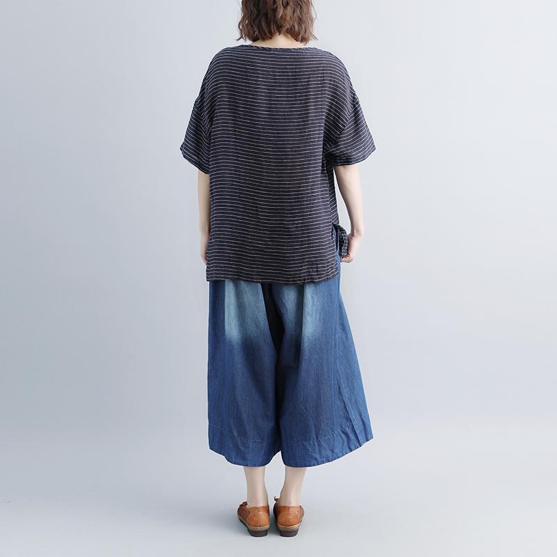 Damen-Oberteile aus reinem Leinen, übergroß, lässig, gestreift, kurzärmlig, Stickerei, High-Low-Saum