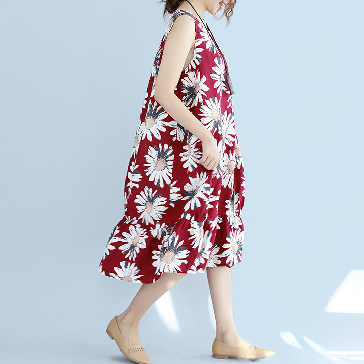 Rote Leinenkleider für Damen, Oversize-Reisekleid, feine ärmellose Baumwollkleider mit Blumenmuster