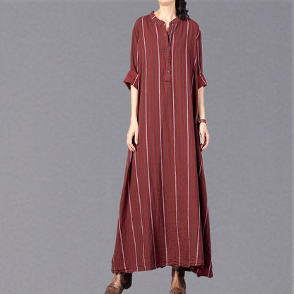 Damen rot gestreift trendiges Plus Size Stehkragenkleid Vintage Baggy Pockets Maxikleider