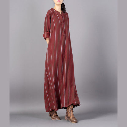 Damen rot gestreift trendiges Plus Size Stehkragenkleid Vintage Baggy Pockets Maxikleider