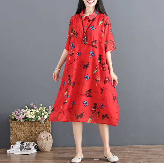 Rotes Sommerkleid für Frauen mit Umlegekragen, halbe Ärmel, Cocktailkleid mit Print, Baggy-Kleid, Chiffon-Sommerkleid