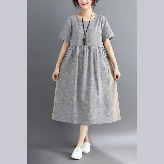 Damen gestreiftes Midikleid aus Baumwollleinen, lässiges Reisekleid, Vintage, kurzärmelig, Krawatte in der Taille, V-Ausschnitt, Baumwollleinenkleidung
