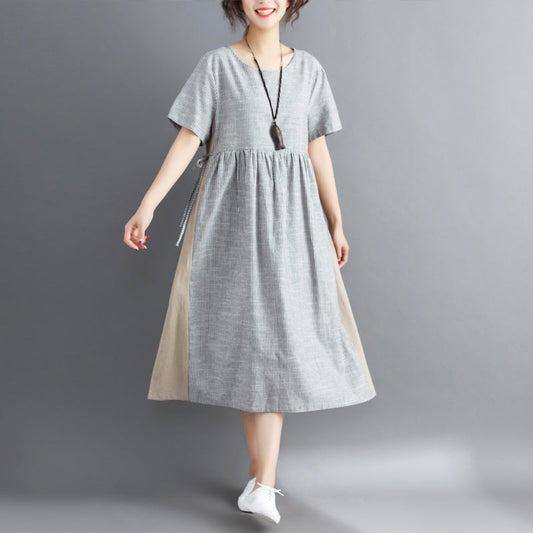 Damen gestreiftes Midikleid aus Baumwollleinen, lässiges Reisekleid, Vintage, kurzärmelig, Krawatte in der Taille, V-Ausschnitt, Baumwollleinenkleidung