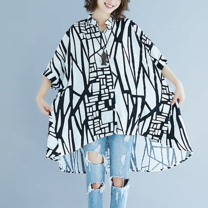 women striped natural cotton linen t shirt plus size casual cardigans Elegant Batwing Sleeve Stand brief t shirt