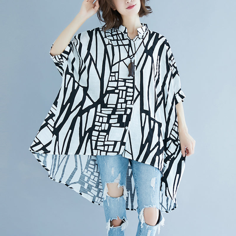 women striped natural cotton linen t shirt plus size casual cardigans Elegant Batwing Sleeve Stand brief t shirt