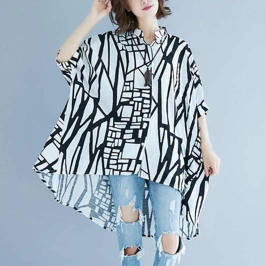 Frauen gestreiften natürlichen baumwolle leinen t-shirt plus größe casual strickjacken Elegante Batwing Ärmel Stehen kurze t-shirt